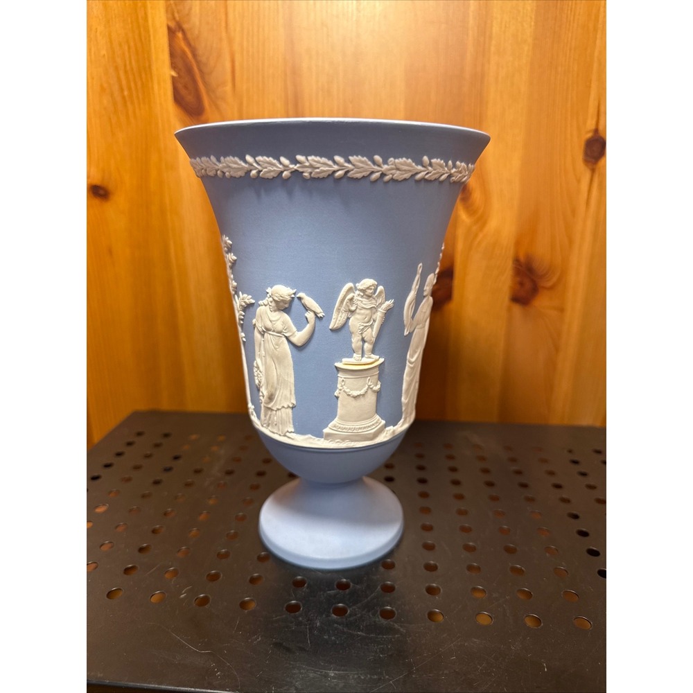 Wedgwood Jasperware Pale Blue Flared Footed Vase Neoclassical Bas-Relief 7.5"